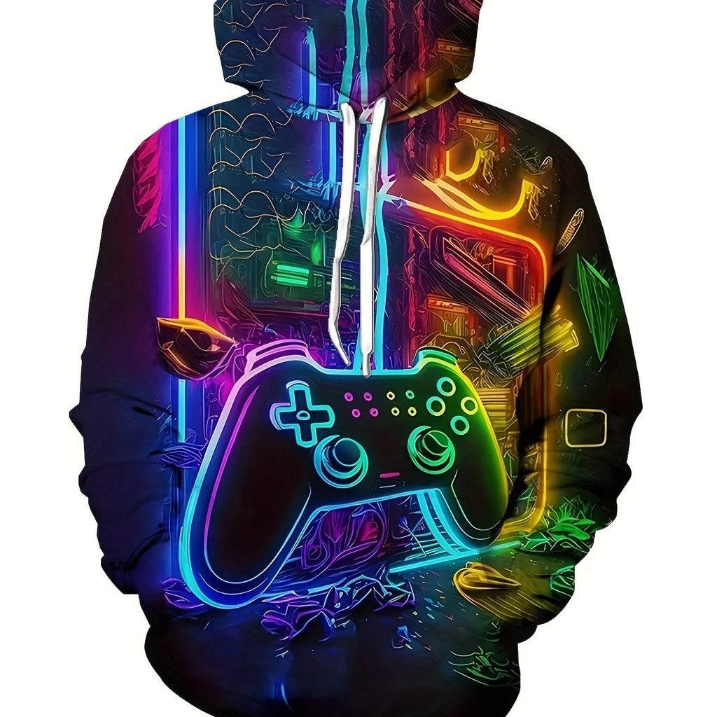 Cyberpunk Style Gamepad Digital Print Men's Street Hooded Sweatshirt With Drawstring And Pocket, Fall Winter Hoodie, As Gifts