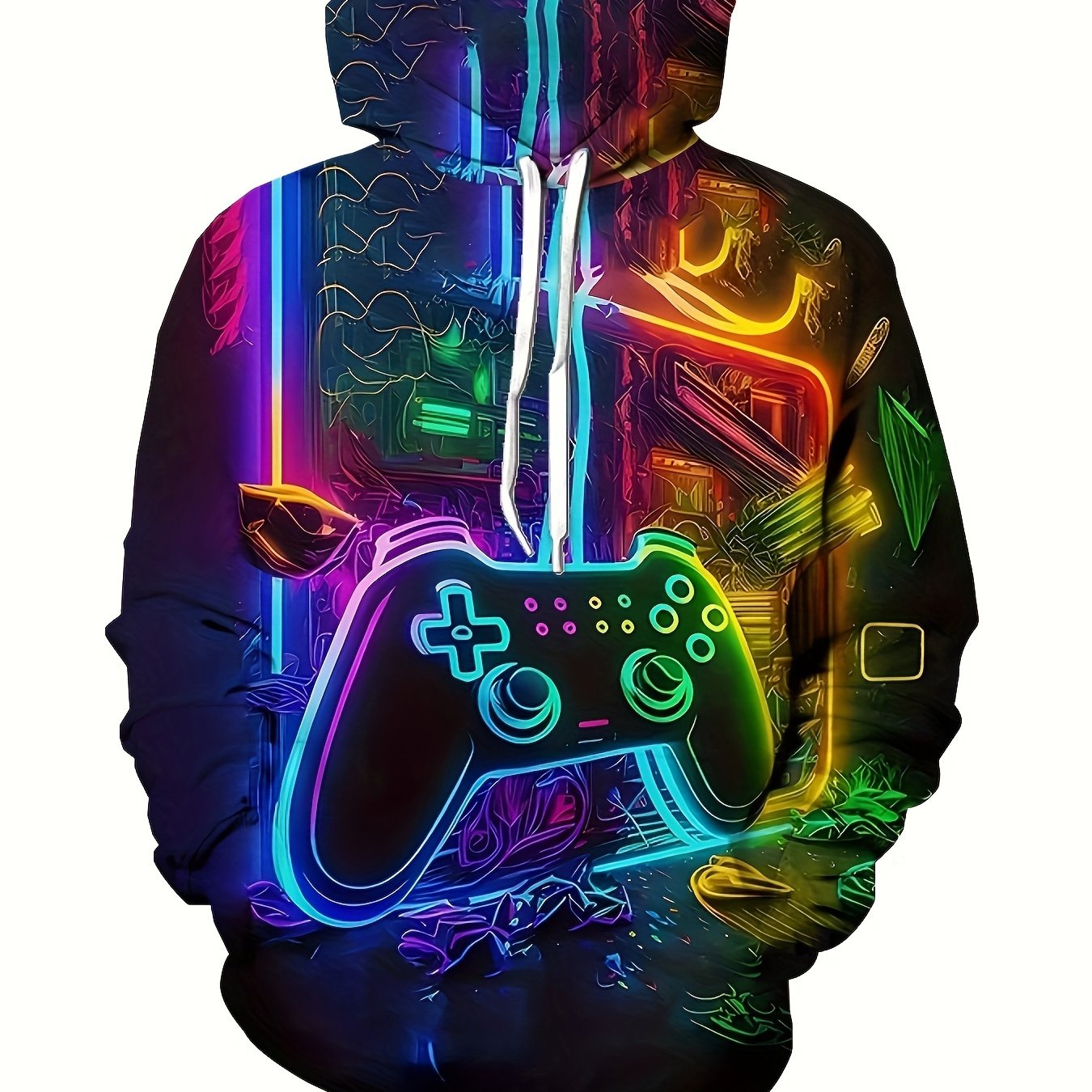 Cyberpunk Style Gamepad Digital Print Men's Street Hooded Sweatshirt With Drawstring And Pocket, Fall Winter Hoodie, As Gifts