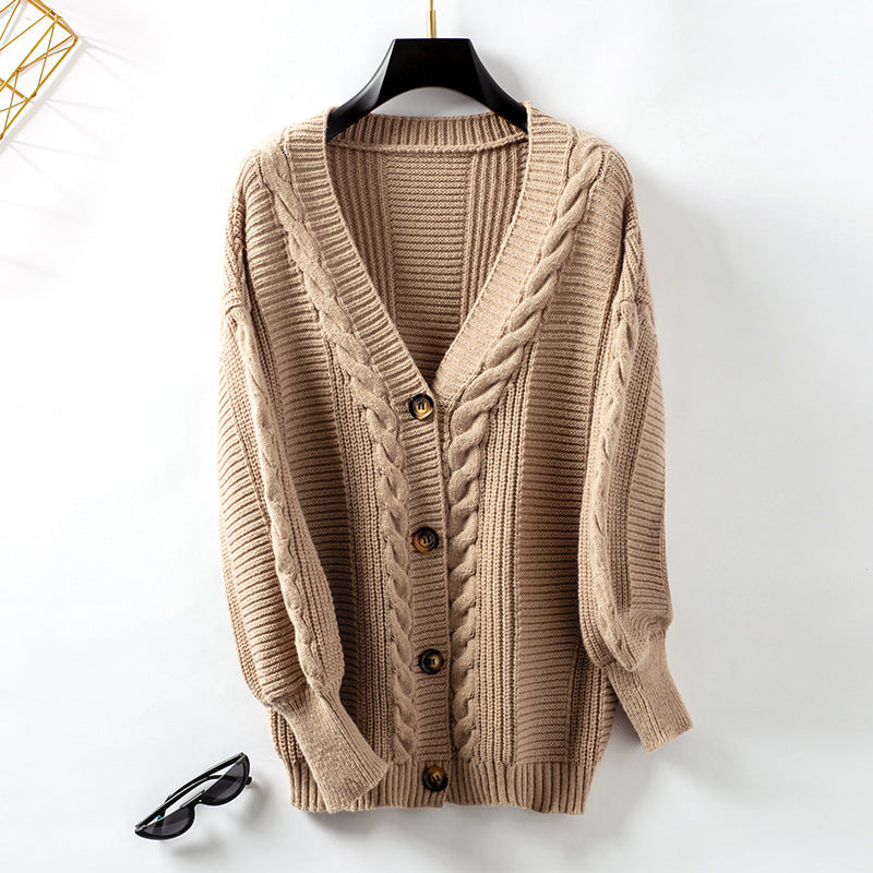 Cardigan da donna Valstrend, maglione vintage in maglia, con bottoni, stile classico e caldo, indossato su una modella.