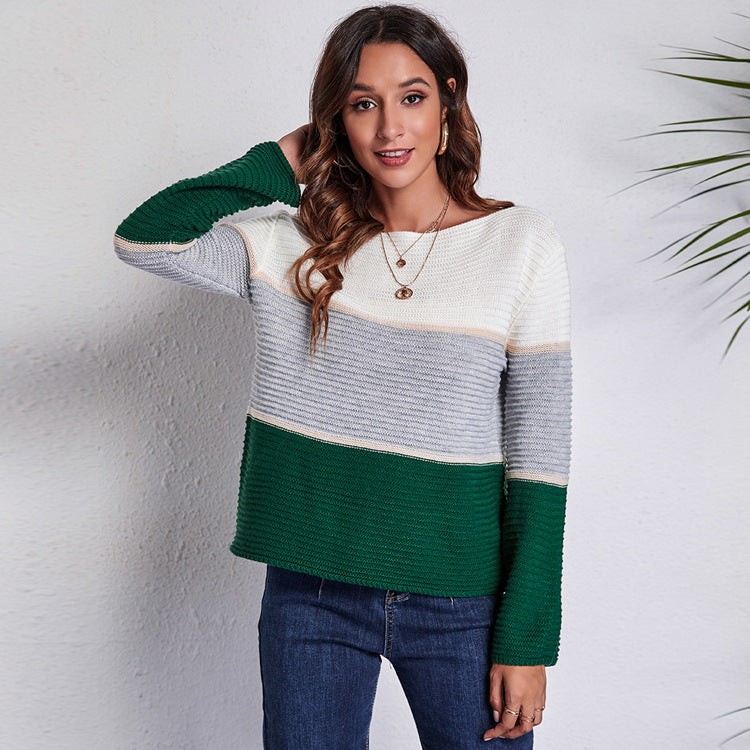 Maglione in maglia a righe large con scollo a barca, colore a contrasto, marca Valstrend, morbido e caldo.