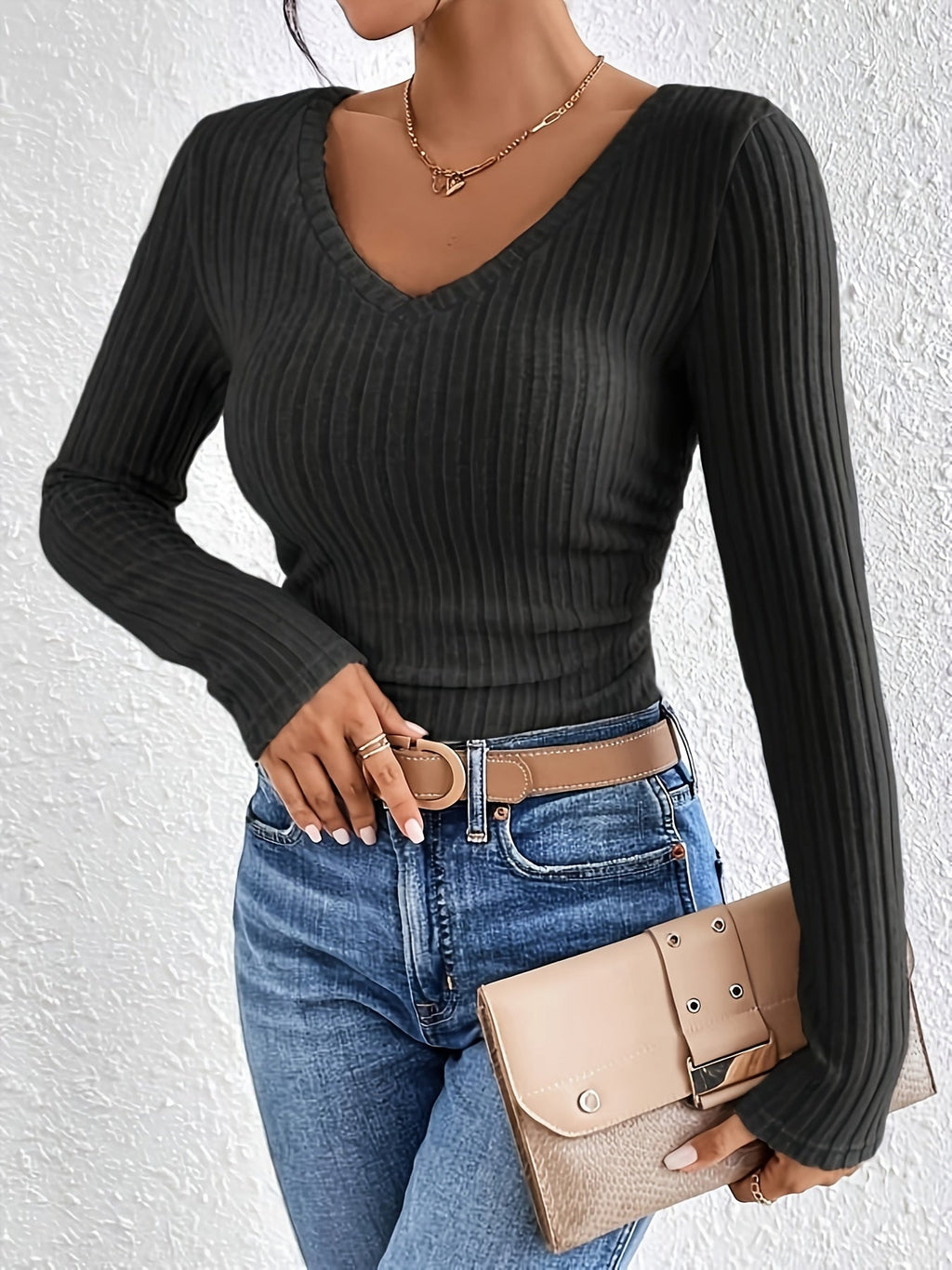 Maglietta a collo V a costine, maglione casual a maniche lunghe per donna, vestibilità comoda per primavera e autunno.