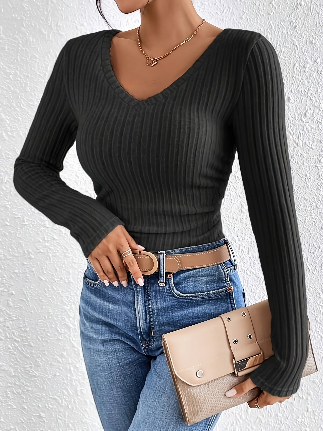 Maglietta a collo V a costine, maglione casual a maniche lunghe per donna, vestibilità comoda per primavera e autunno.