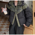 Giacca invernale imbottita con cappuccio in denim bianco, vestibilità larga, cuciture decorative e piuma d'anatra calda e morbida.