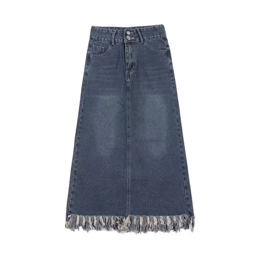 Plus Size Tassel Half-length Denim Women's Hong Kong Style Autumn High Waist Slimming A- Line Long Overknee Skirt
