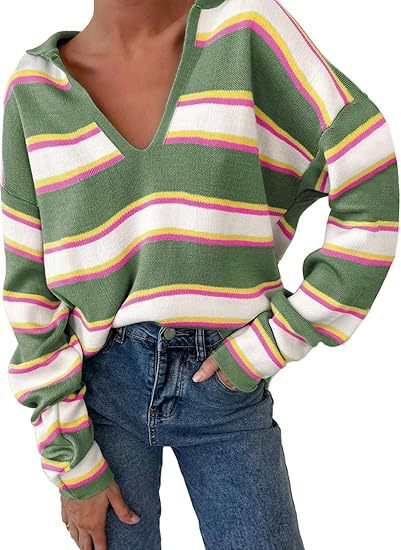 Maglione a maniche lunghe in stile college con righe a maglia Valstrend, tessuto morbido e design classico a righe blu e bianco.