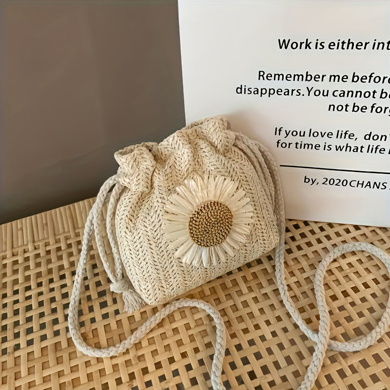 Chic Mini Woven Shoulder Bag with Floral Accent - Versatile & Stylish, Perfect for Everyday Use - Khaki/White