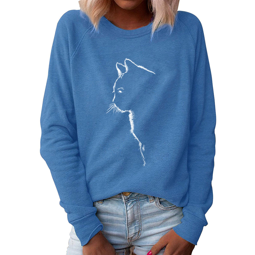 Maglione donna Valstrend con stampa creativa di gatto, collo rotondo e maniche lunghe in tessuto morbido e confortevole.