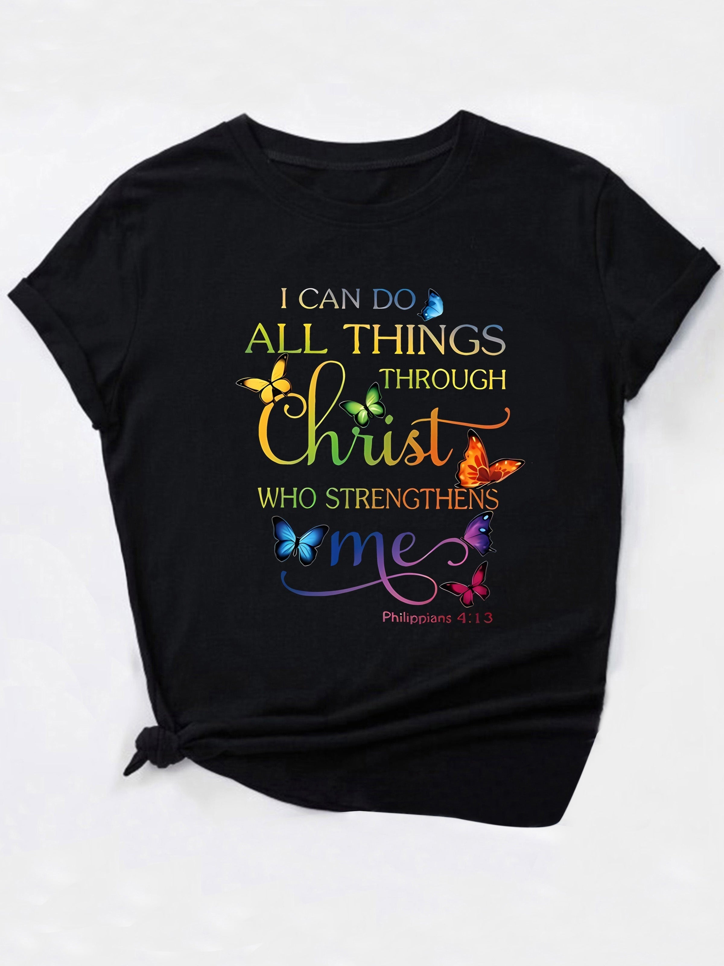 T-shirt donna Valstrend con maniche corte, stampa farfalla colorata e citazione ispiratrice, collo rotondo, stile casual.