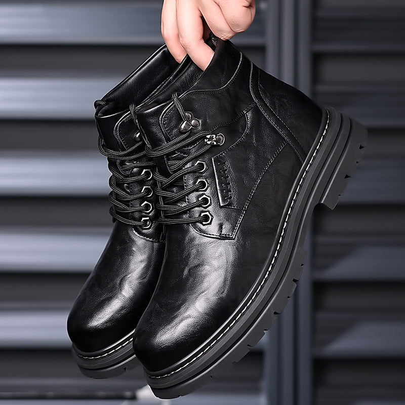 Stivali da uomo stile britannico Valstrend, high-top in pelle nera con cuciture visibili e suola robusta, moda maschile elegante e casual