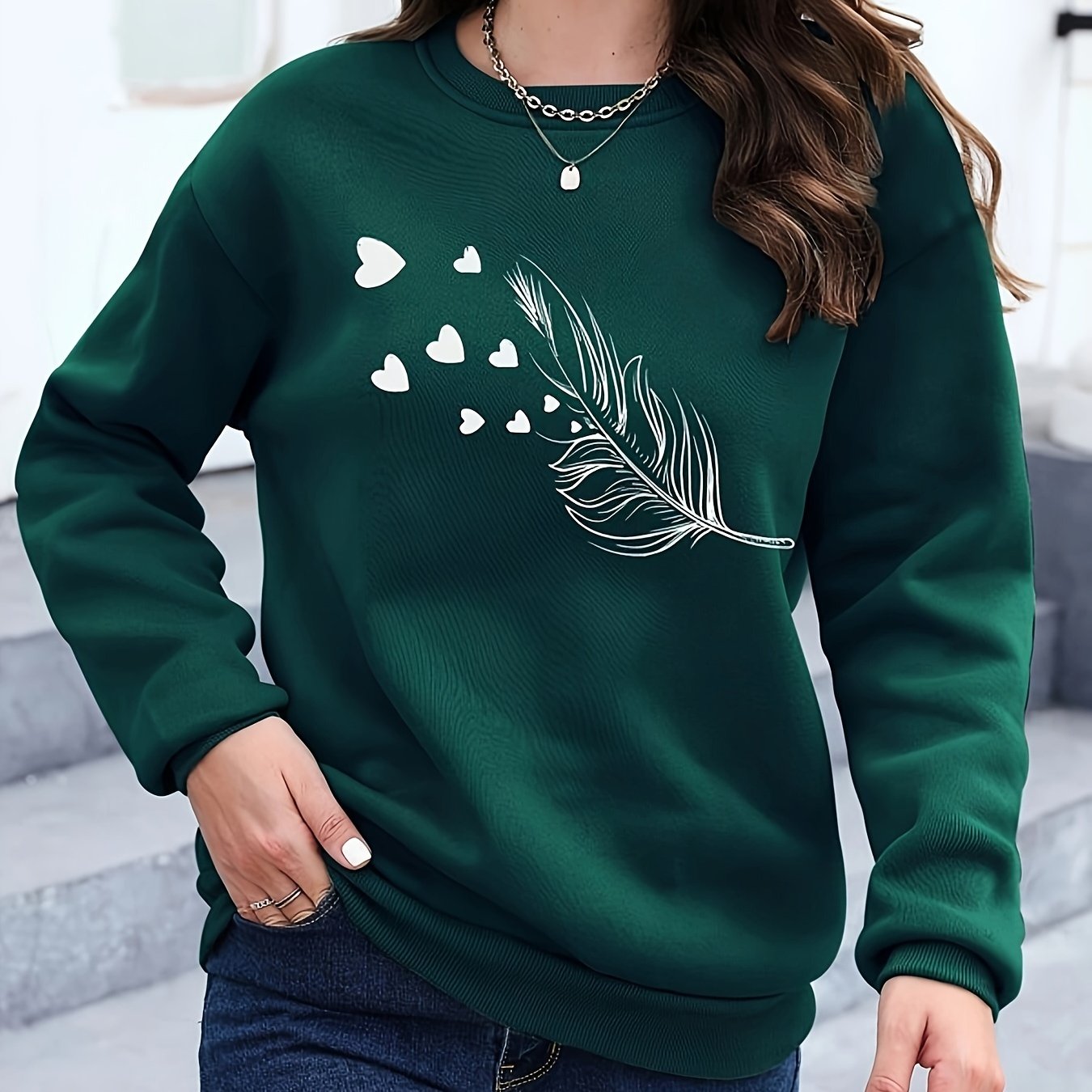 Feather Print Pullover Sweatshirt, Casual Long Sleeve Crew Neck Sweatshirt For Fall & Winter, Women's Clothing