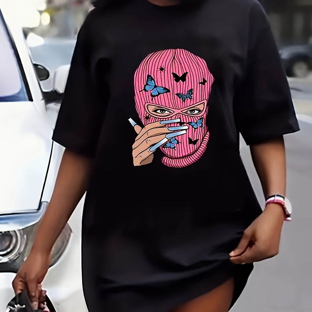 Figure & Butterfly Print Tee Dress, Short Sleeve Crew Neck Casual Dress For Summer & Spring, Women's Clothing
