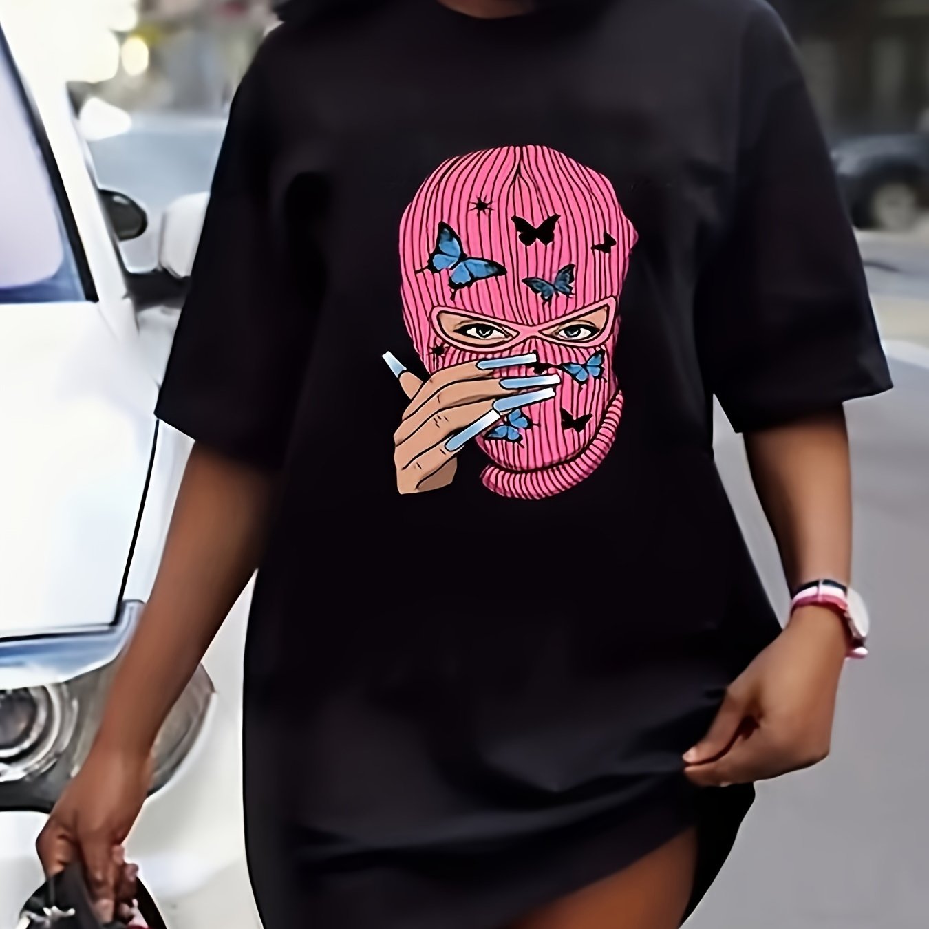 Figure & Butterfly Print Tee Dress, Short Sleeve Crew Neck Casual Dress For Summer & Spring, Women's Clothing