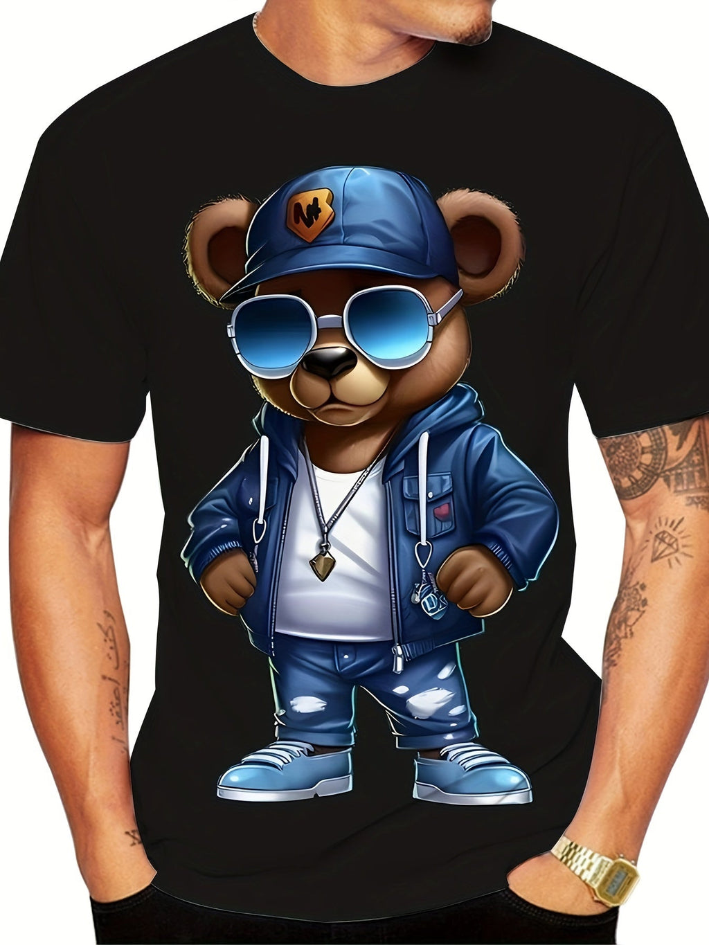 Felpa casual da uomo Valstrend con disegno di orso cartone animato, cappuccio, tasca a marsupio, in poliestere, lavabile in lavatrice
