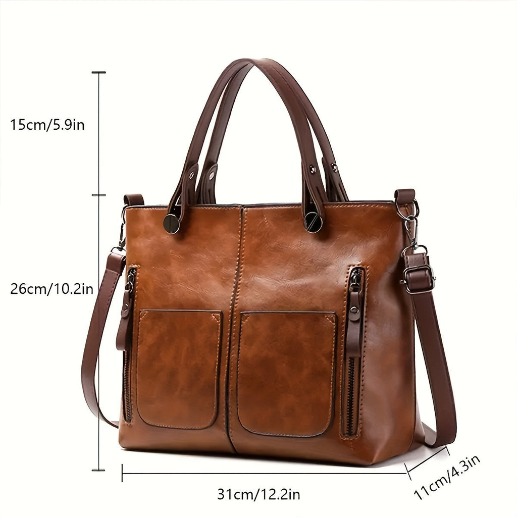 Borsa a spalla grande in similpelle vintage per donna, con zip, stile capiente e elegante, marca Valstrend Shop.