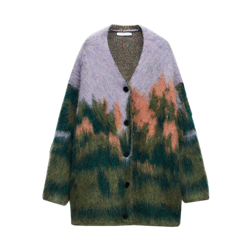 Cardigan donna Valstrend, maglione a maniche lunghe con scollo a V e motivo paesaggio in maglia morbida e colorata.