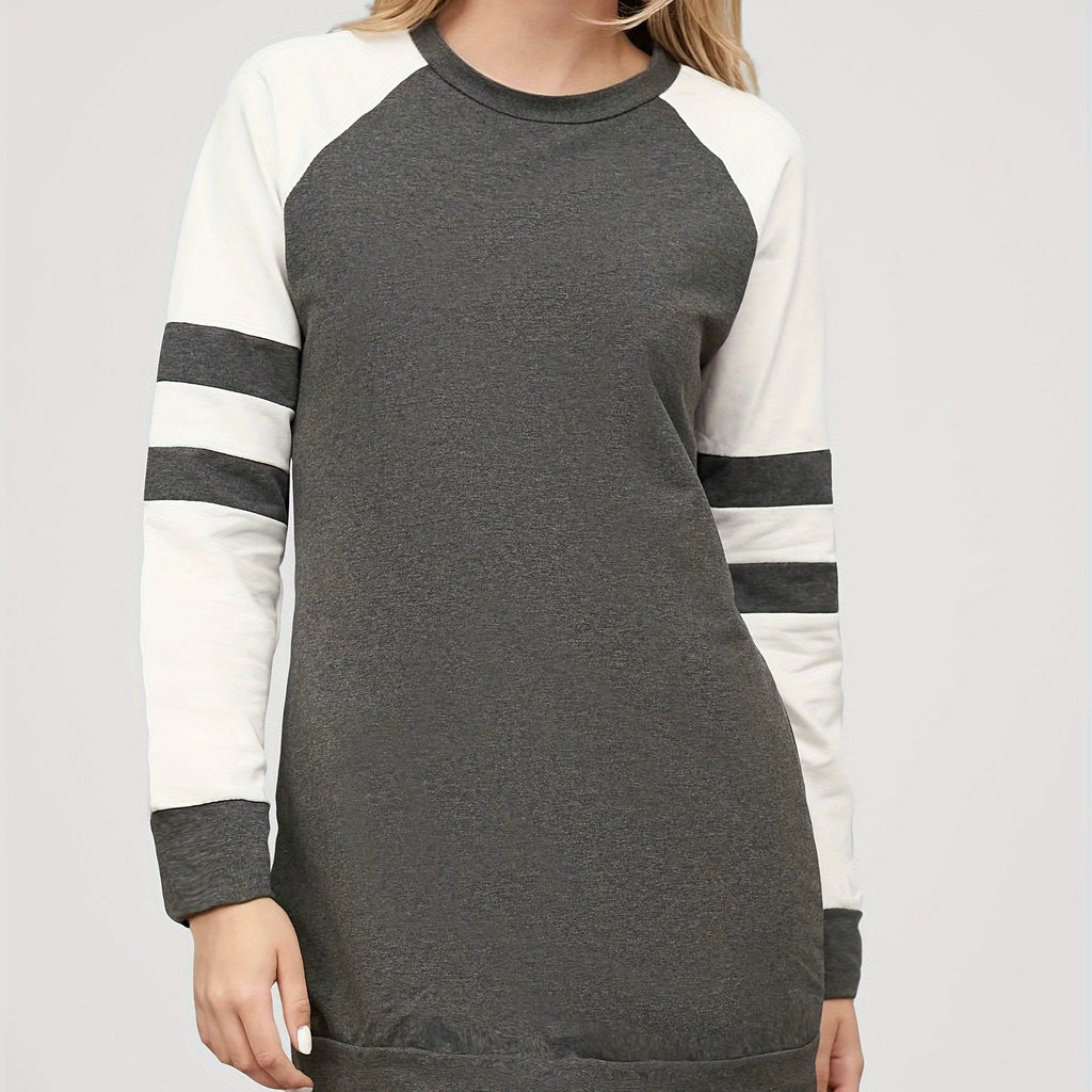 Elegant Solid Color Dress for Women - Crew Neck, Long Sleeve, Knit Polyester - Perfect for Fall/Winter, Machine Washable