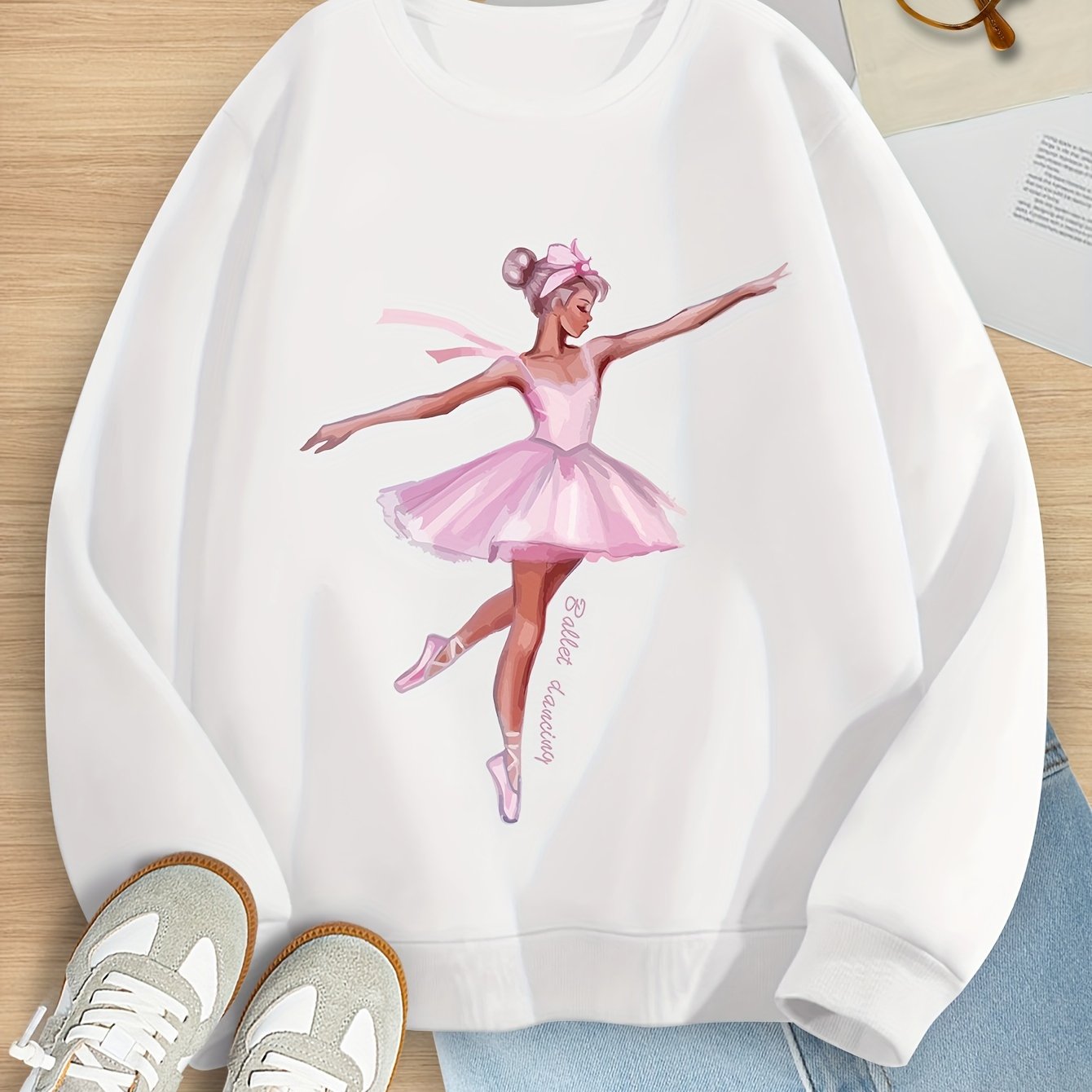 Beautiful Cartoon Ballet Girl Graphic Print, Girls Trendy & Casual Long Sleeve Sweatshirt For Fall & Winter, Girls Clothes, As Gifts