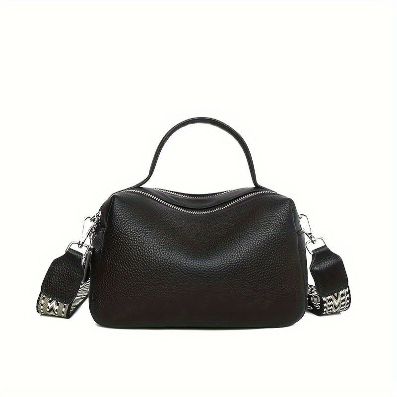 Luxury Soft Crossbody Bag For Women, Genuine Leather Boston Handbag, Fashion Shoulder Purse With Multi Zipper