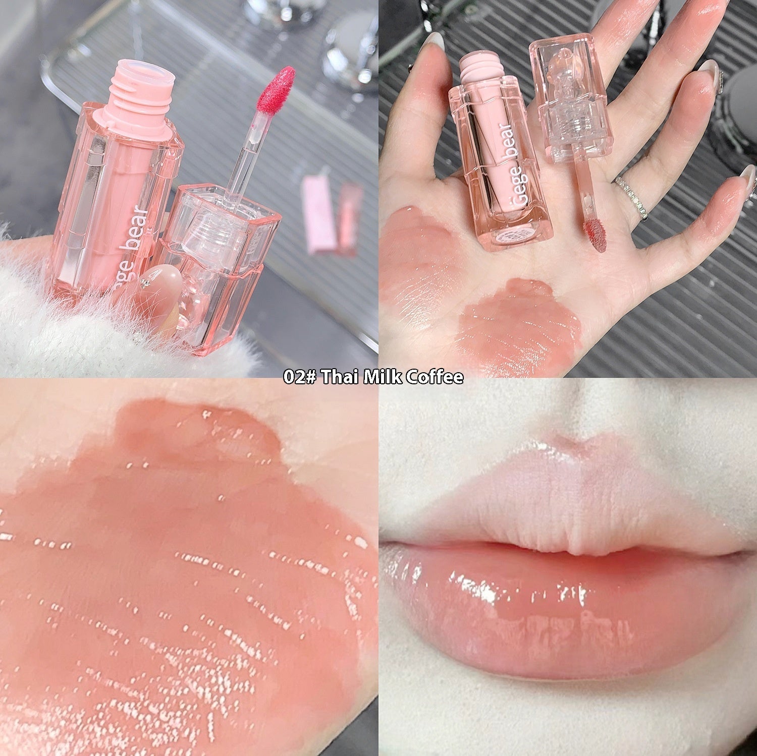 Lacca labbra Gogo Bear Valstrend con luci d'acqua, specchio, idratante e nutriente, mostra labbra piene e glossate.