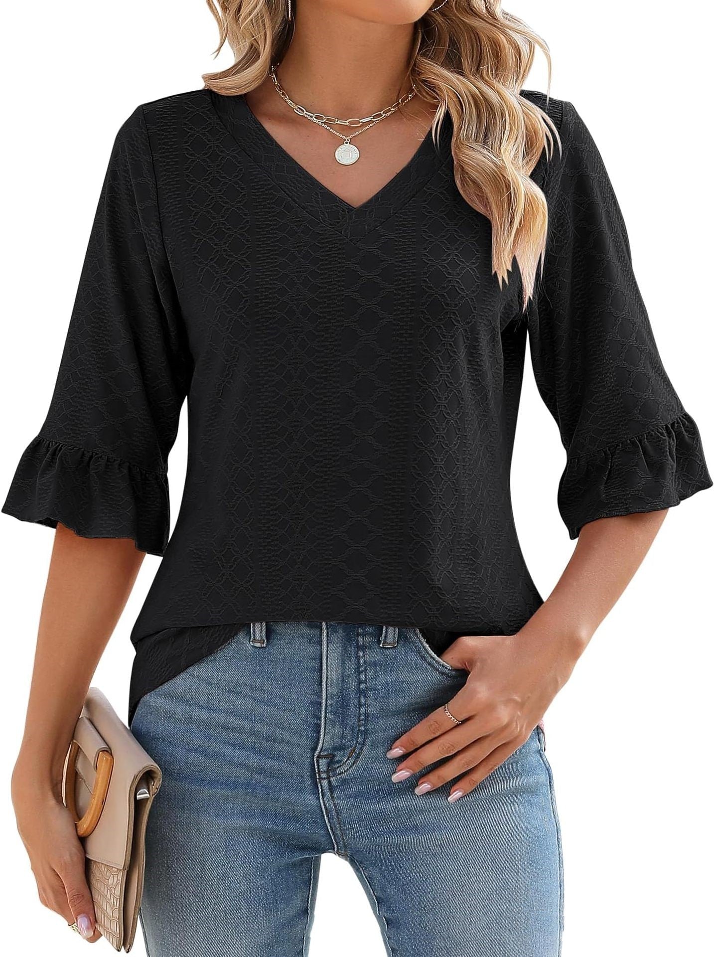 T-shirt casual a maniche a campana con scollo a V per donna, vestibilità ampia, marchio Valstrend, colore neutro.