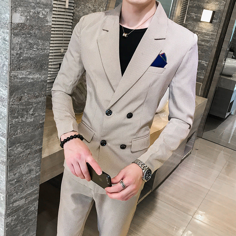 Completo da uomo in stile coreano, giacca slim-fit con doppio petto e pantaloni coordinati, in tinta unita, marchio Valstrend.