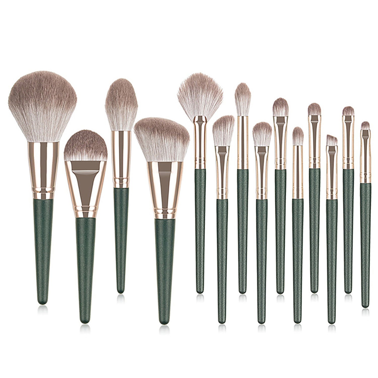 Set di pennelli per trucco Green Cloud 14 di Valstrend, pennelli da viso e occhi con manici verdi e setole morbide.