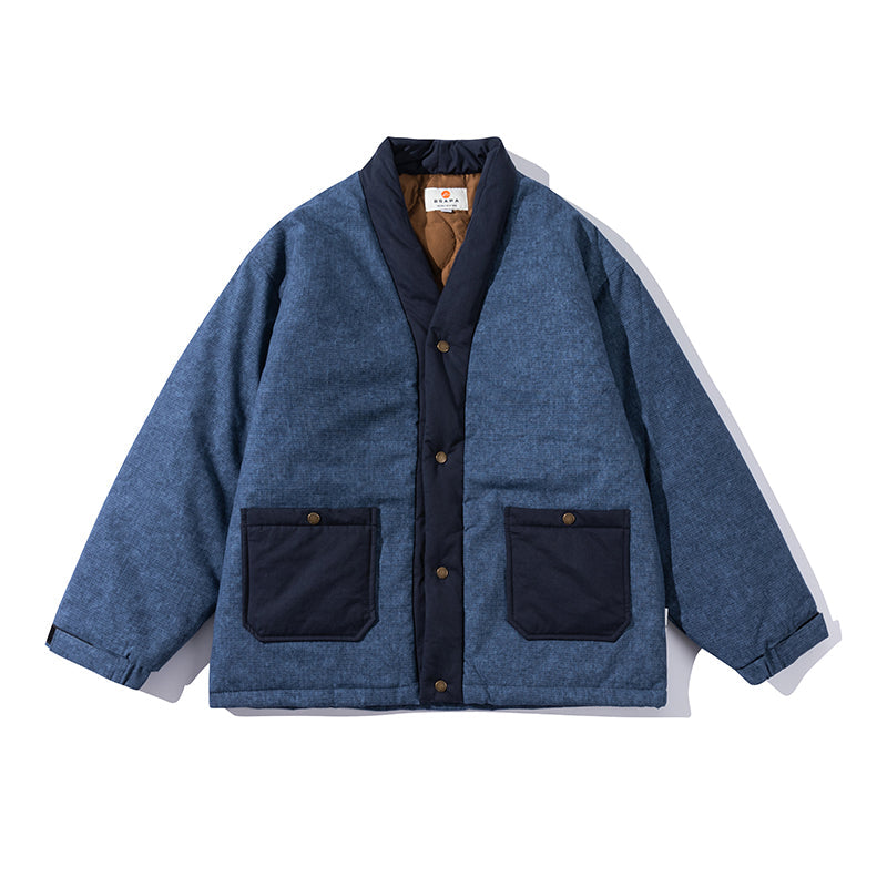 Cappotto vintage da uomo in cotone trapuntato, stile single-breasted, con vestibilità ampia, in tessuto morbido e caldo.