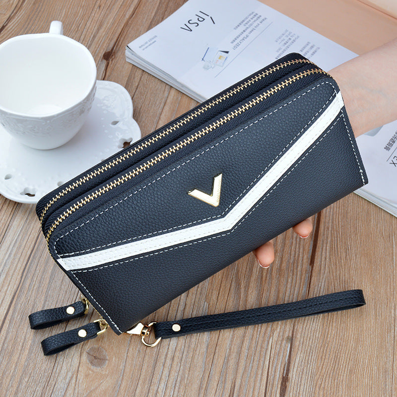 Portafoglio donna Valstrend lungo con doppia zip, clutch elegante e capiente in pelle nera.