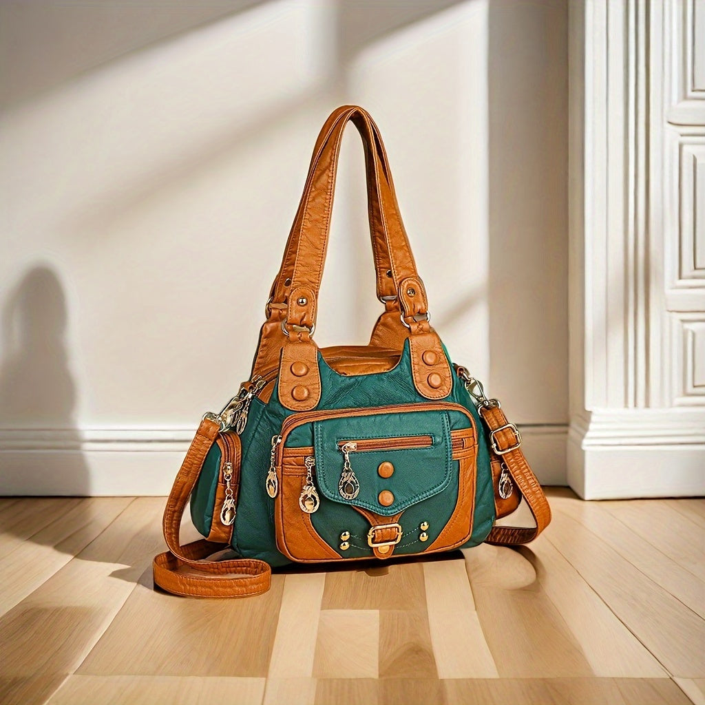 Borsa tote in stile vintage Valstrend con tracolla regolabile, fodera in poliestere e chiusura lampo, vista frontale.