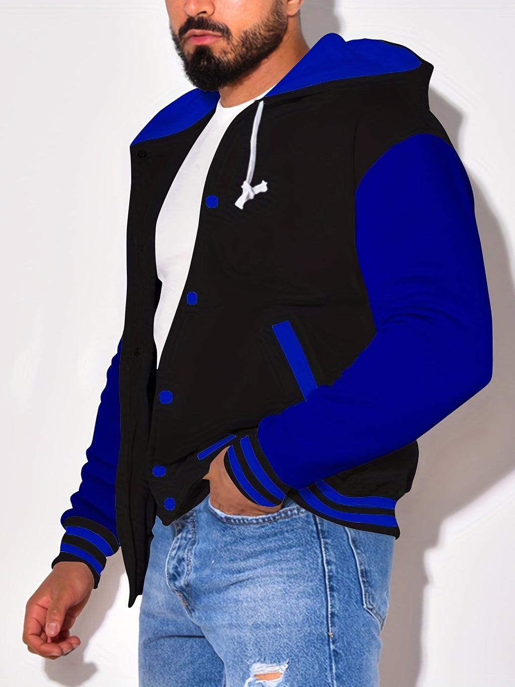 Giacca baseball con cappuccio Valstrend, giacca letterman da uomo, stile varsity, ideale per primavera e autunno.