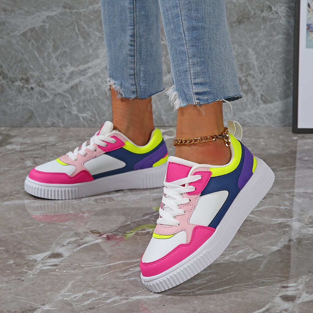Women'S Casual Geometric Sneakers - Low Top, Lightweight, Hand Washable Faux, Fabric Lining, EVA Sole, Round Toe, Lace-Up, All-Season Comfort