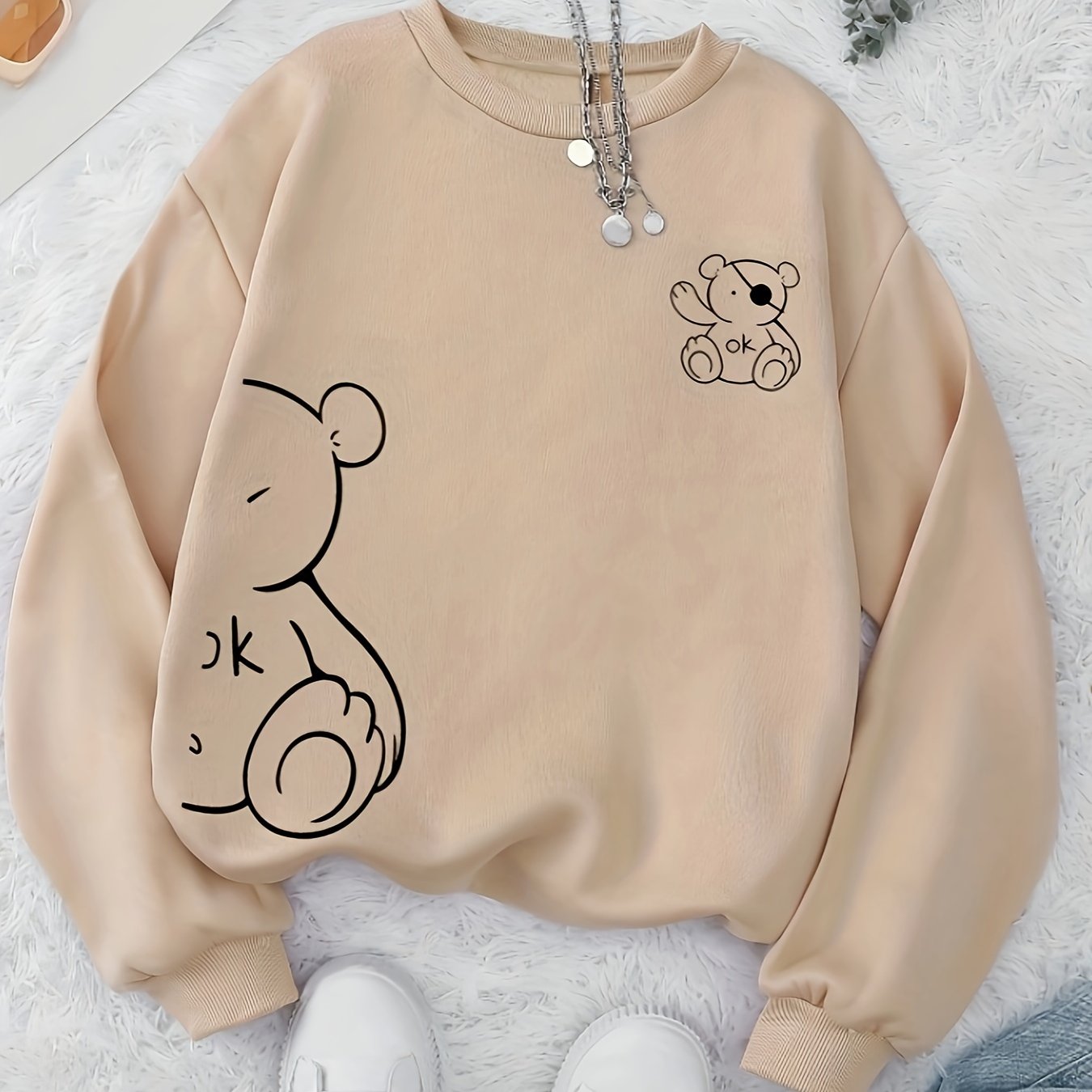 Pirate OK Bear Print Women's Casual Round Neck Autumn and Winter Sweatshirt