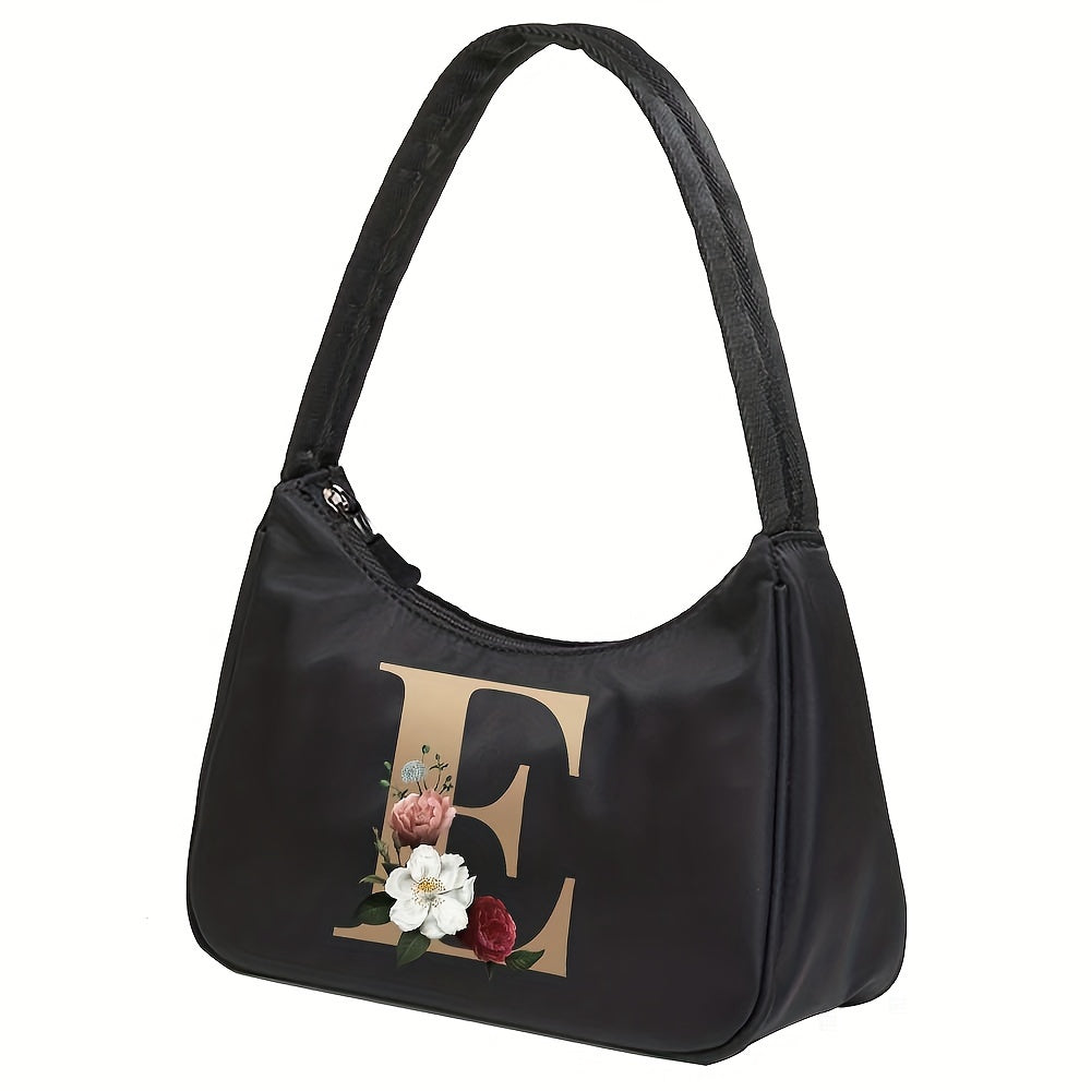 Floral Letter Print Shoulder Bag, Fashion Nylon Underarm Bag, Women's Zipper Handbag & Purse
