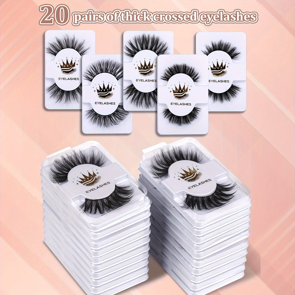 Set da 20 paia di ciglia finte in mink sintetico Valstrend, stile naturale, effetto 3D e occhi da gatto, ideale per feste e uso quotidiano.
