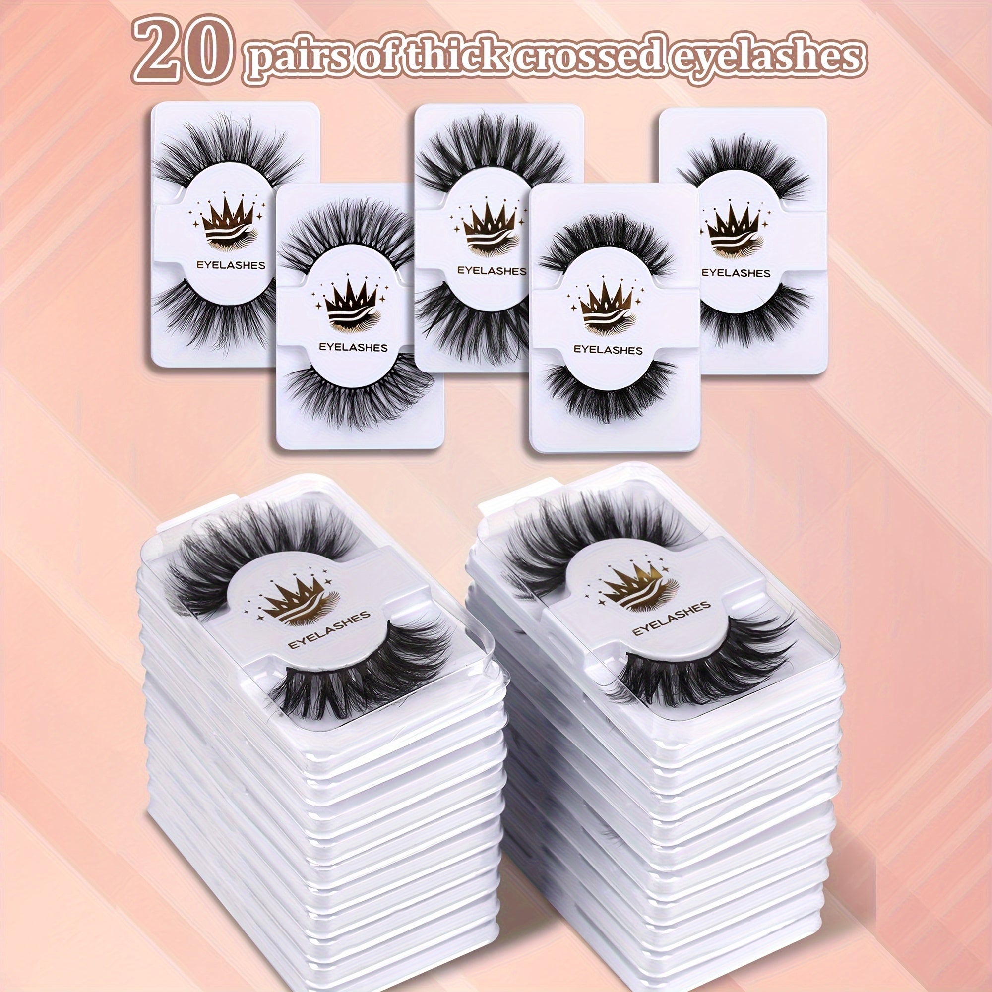 Set da 20 paia di ciglia finte in mink sintetico Valstrend, stile naturale, effetto 3D e occhi da gatto, ideale per feste e uso quotidiano.