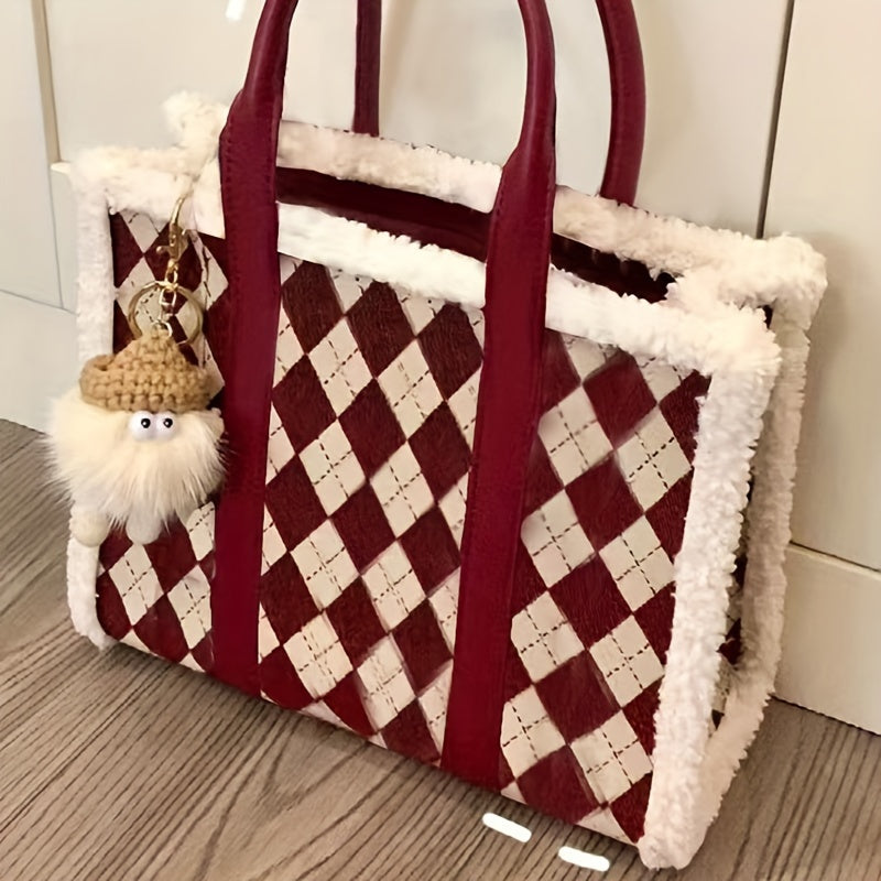 1pc Fashion Checkered Tote Bag for Women, Faux Leather with Faux Fur Trim, Large Capacity, Zipper Closure, Polyester Lined, Elegant Commuter Handbag