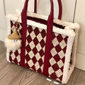 1pc Fashion Checkered Tote Bag for Women, Faux Leather with Faux Fur Trim, Large Capacity, Zipper Closure, Polyester Lined, Elegant Commuter Handbag