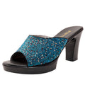Scarpe donna Valstrend con tacchi alti spessi, decorazioni in strass e tomaia in pelle di mucca, eleganti e alla moda.