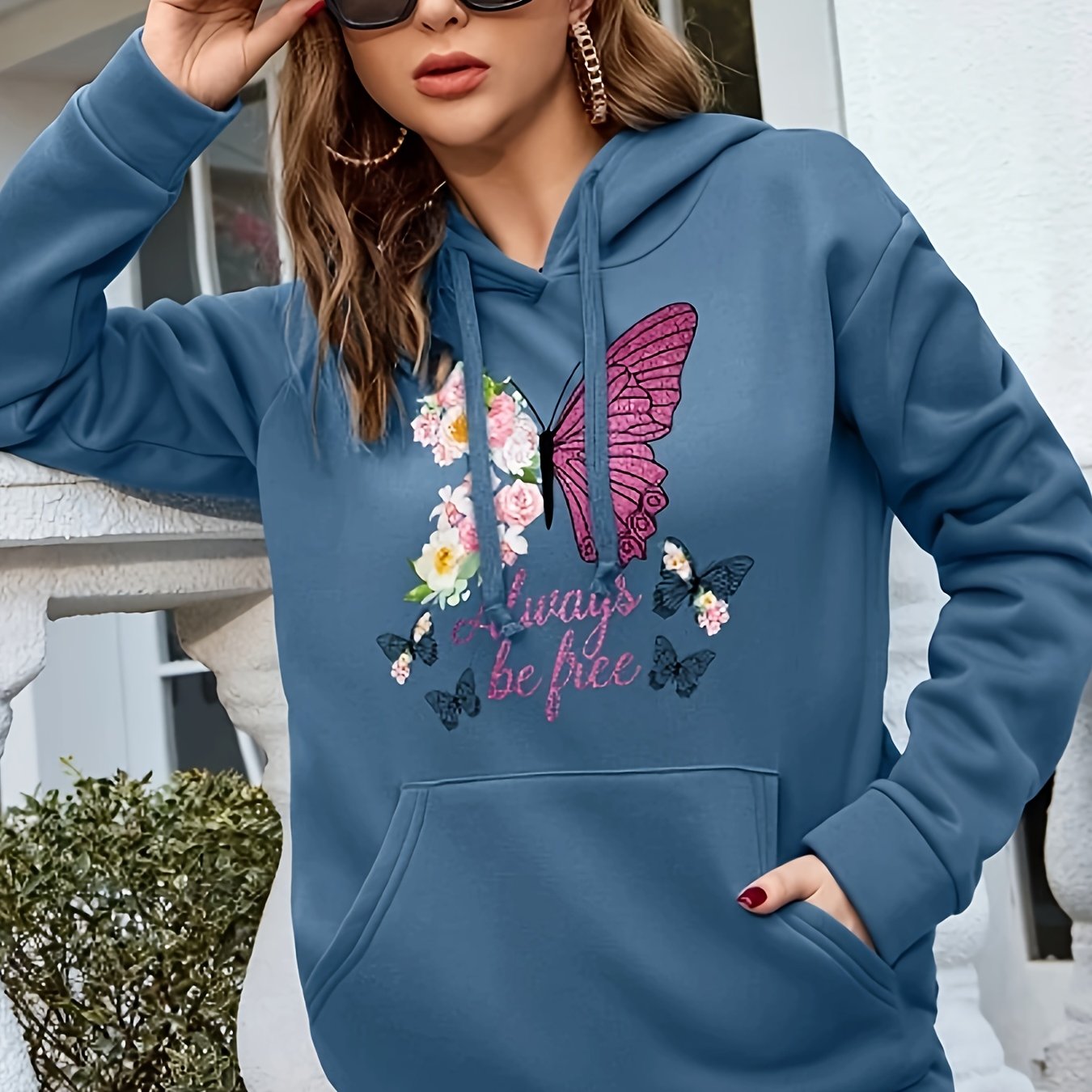Butterfly & Floral Print Drawstring Hoodie, Casual Long Sleeve Kangaroo Pocket Sweatshirt, Women's Clothing