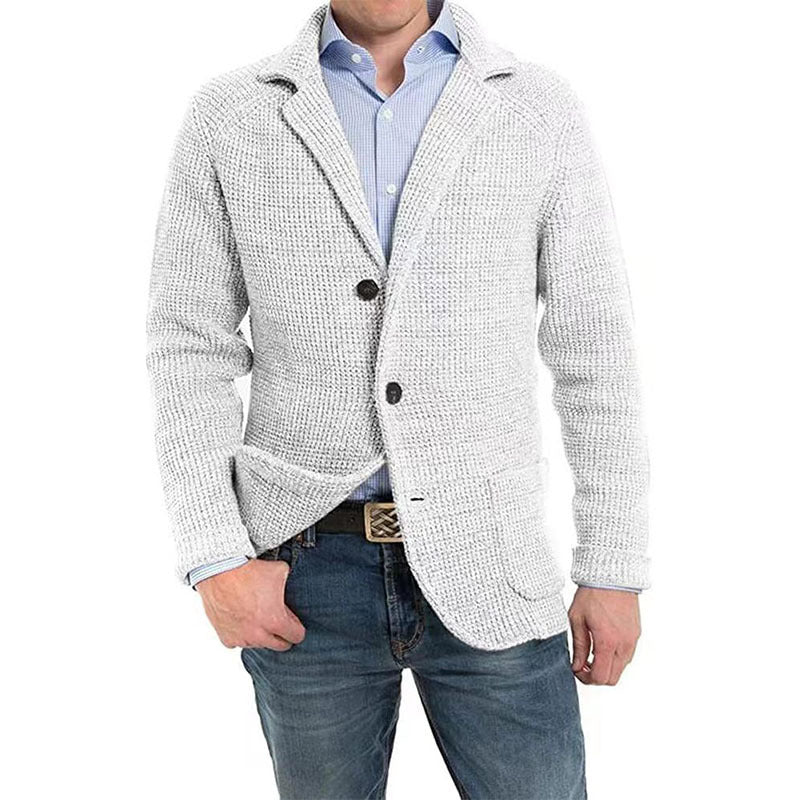 Cardigan casual da uomo Valstrend, maglia lavorata a maglia, stile informale, colore neutro, dettaglio tessuto e cuciture visibili.