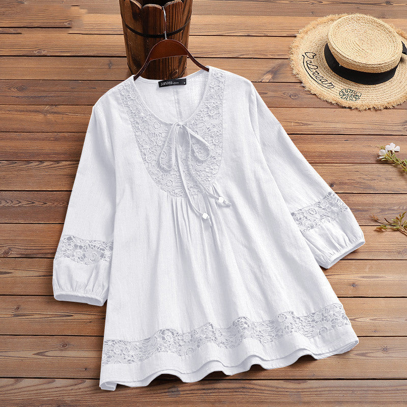 Top donna in cotone e lino con cuciture in pizzo, maniche a sbuffo e taglio loose, stile temperament, marca Valstrend.