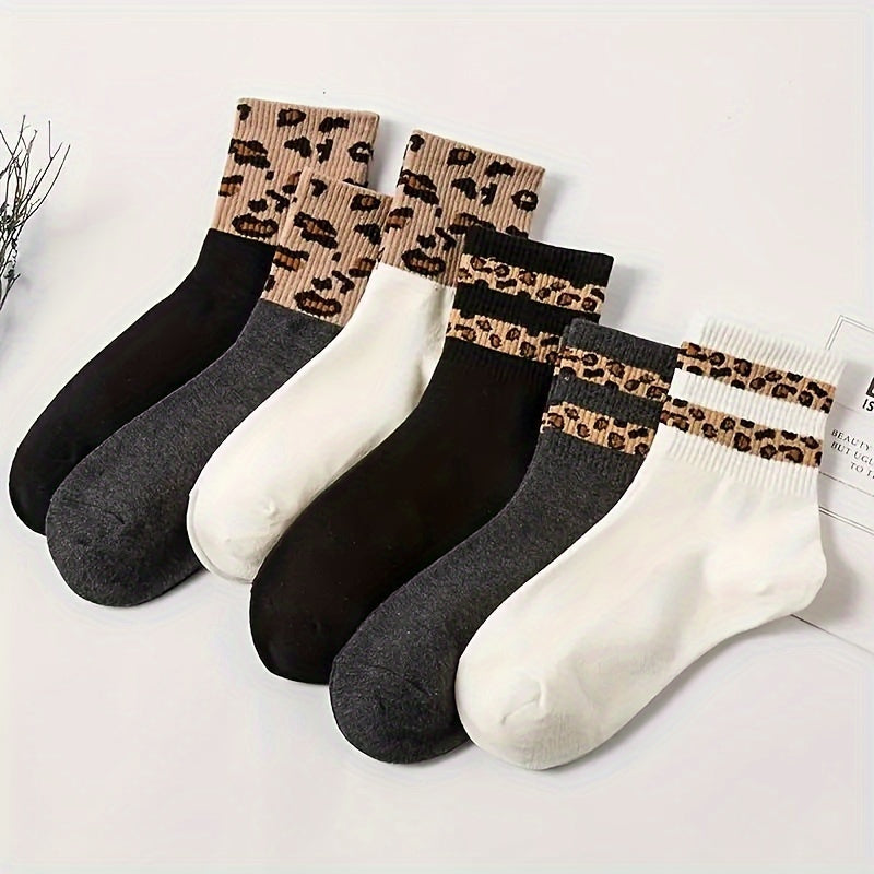6 Pairs Leopard Print Socks, Fashion Comfort & Soft Mid Tube Socks, Women's Stockings & Hosiery
