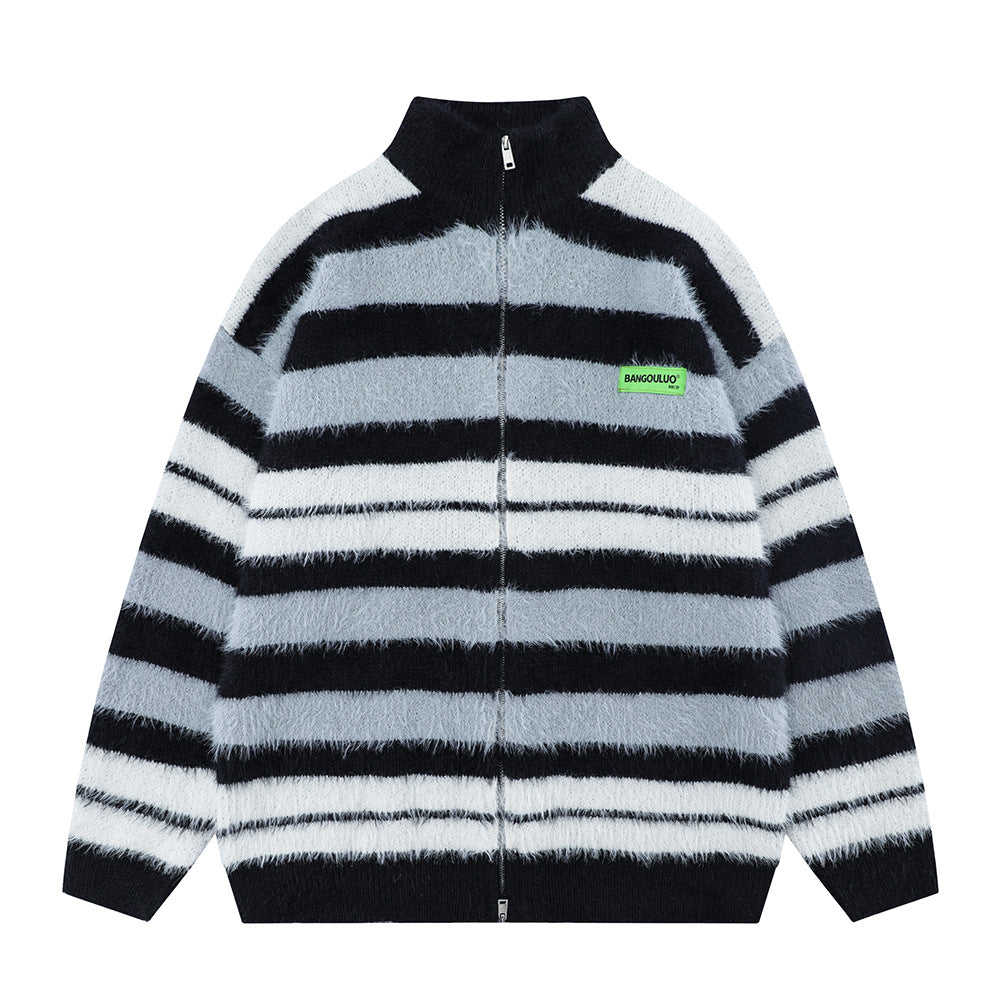 Maglione a righe in maglia per uomo, cappotto invernale Valstrend shop con trama a righe blu e bianco, collo alto e maniche lunghe
