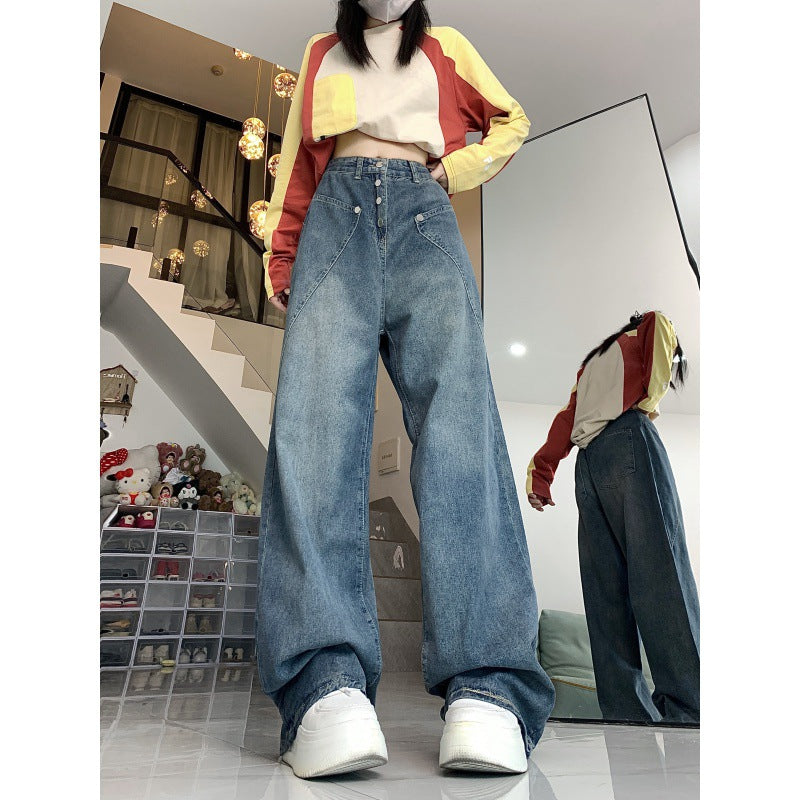 Retro Washed Worn Jeans Slimming And Straight Bootleg Pants