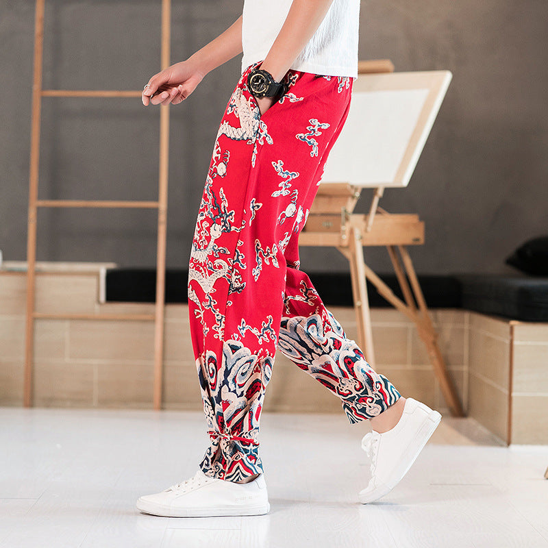 Pantaloni corti plus size in cotone e lino con motivo dragone, stile rilassato, da uomo, marchio Valstrend.