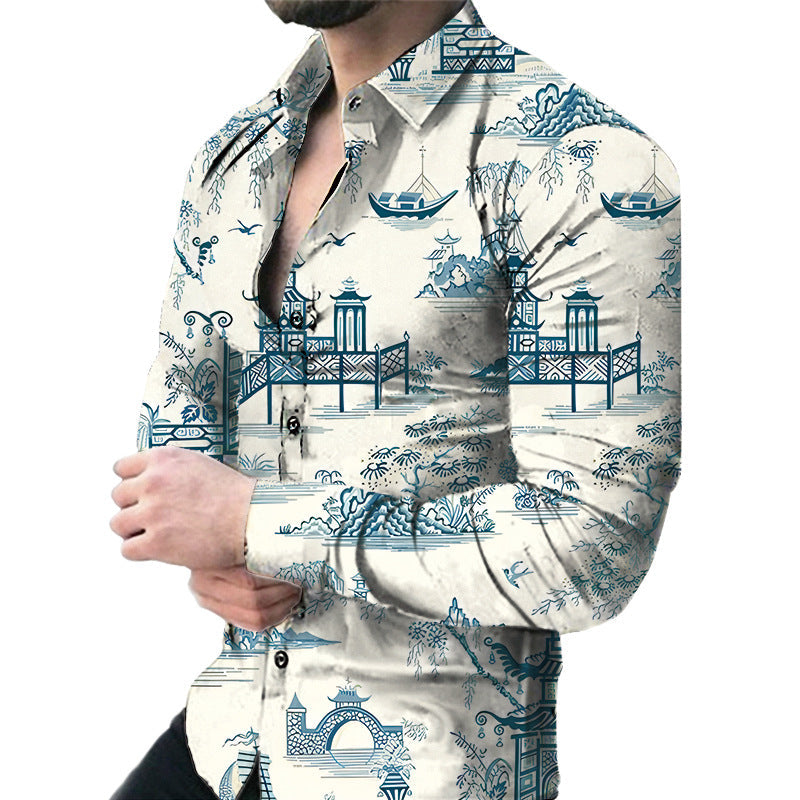 Camicia da uomo casual a maniche lunghe con fiori grandi, marca Valstrend, tessuto leggero e stile rilassato.