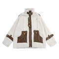 Pocket Color Contrast Patchwork Pu Lamb Wool Stand Collar Coat