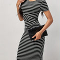 Striped Bodycon Knee Length Dress, Short Sleeve Crew Neck Elegant Dress For Summer & Spring, Women's Clothing