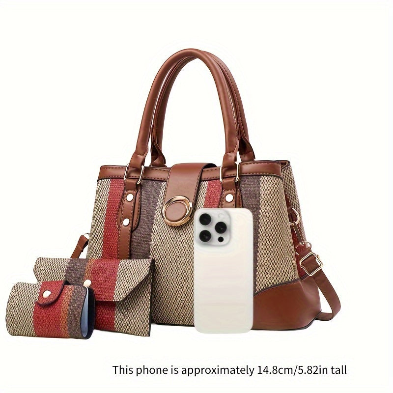 Set di 3 borse da donna Valstrend in eco-pelle con strappi staccabili, chiusura a zip, stile classico a righe, disponibile in vari colori