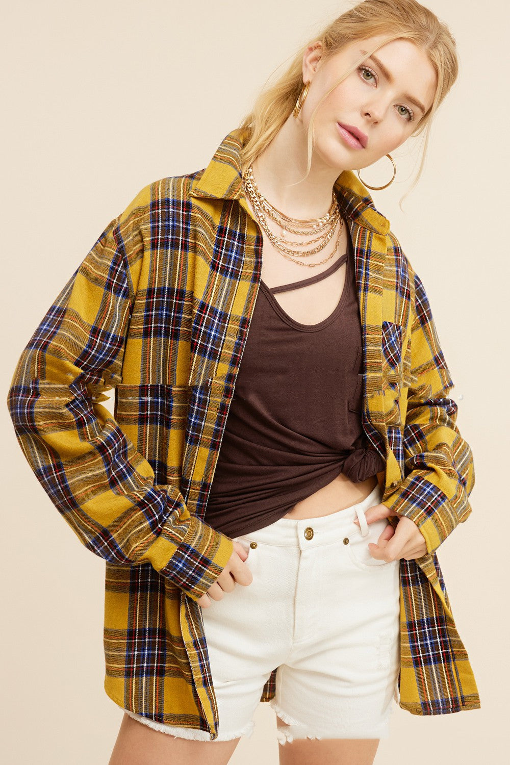 Camicia femminile plaid a maniche lunghe con colletto polo e tasca, stile autunno e primavera, marca Valstrend shop.